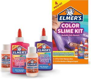Elmers Color Slime Kit including 1 bottle Pink Color Glue (5 oz.) 1 bottle Purple Color Glue (5 oz.) 2 bottles Magical Liquid (2.3 oz. each)