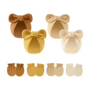 Baby Boys Girls Cotton Bonnet Hat & Mittens 4 Set Scratch Protections Gloves with Matching Bowknot Hat for Newborns