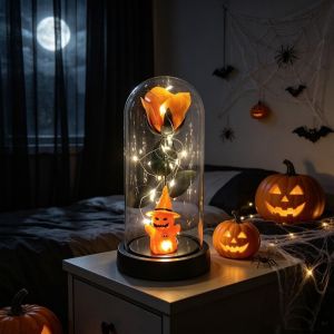 GJ56 Glass Dome Rose Halloween Ghost Rose Light Plastic Realistic Artificial Rose Night Light LED Rose Light Transparent Cover Simulation Rose Light Living Room Decor