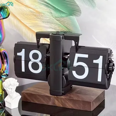 [OKLIFE. SG]Automatic Flip Page Desk Clock - R Industrial Style with Solid Wood Base for Bedroom & Office