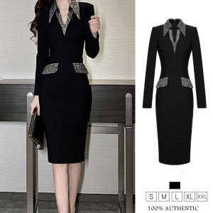 ZYHT เดรสผู้หญิง เดรสสีดำ เดรสแขนยาว เดรสซผ้าเลื่อม เดรสทำงาน เดรสไฮโซ เดรสวินเทจ เดรสออกงาน เดรสปาร์ตี้ ชุดราตรี 51190