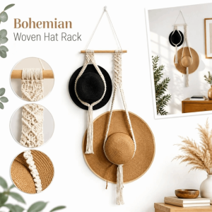 NAELIN Phong cách Bohemian Giá treo mũ Gắn tường Gỗ Giá để mũ Đan thủ công Giá đỡ mũ Lưu Trữ Gia Đình