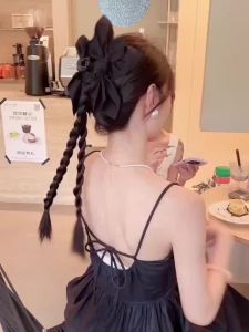 【一秒变身】仿真发辫子女黑蝴蝶结抓夹马尾双辫百搭高级感甜美长发扭扭麻花辫[one second transformation] simulation braid childrens black bow clip ponytail Double Braid versatile high-grade sweet long hair twisted braid