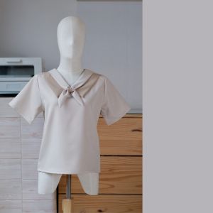 B19 เสื้อแขนสั้น คอปกทูโทน แต่งโบว์ ใส่ทำงานสวยๆ ชุดทำงาน สไตล์มินิมอล เกาหลี ร้าน Easter Egg