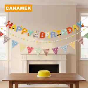 【CANAMEK】 Happy Birthday Banner Hanging Flag Set 1 String Lights for Party Kids Room Wall Decor Colorful Decorations
