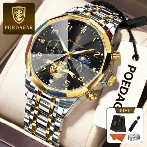 Poedagar Đồng hồ nam chính hãng dây đeo bằng thép không gỉ lịch dạ quang Chronograph đa chức năng 100% chống thấm nước Đồng hồ thạch anh 939