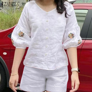 ZANZEA Womens 2pcs Suits Casual Lantern Sleeve Embroidery Blouse Wide Leg Short Pants Cotton Linen Sets #8
