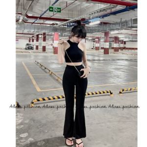 Quần ống loe nữ quần ống bas cạp cao có túi chất cotton co giản 4 chiều quần legging ống loe nữ lưng cao cạp thun tôn dáng Adam_fashion