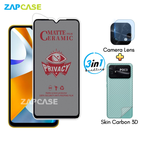 Paket 3in1 Anti Gores Layar Privasi Xiaomi Poco C40 Free Tempered Glass Camera dan Skin Carbon
