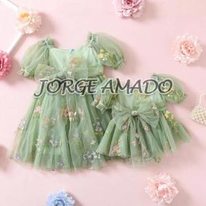 Sister Twins Matching Outfits Embroidery Short Puff Sleeves Bodysuit Square Collar Dress with Sashes Daughter Clothes H45662026