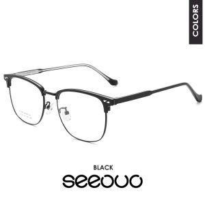 Seeouo Frame Kacamata Plano Lens Style Fashionable Pria dan Wanita Frame Kotak Half Rim TR+Metal Kokoh Bisa Minus 8030