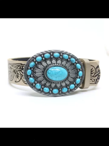 Adult Embossed Waist Belt with Adjustable Unique Turquoise Buckle Waistband PU Waist Belts for Rock Fan Wear Resistant