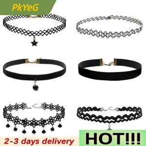 PkYeG 6PCS Women Black Velvet Choker Necklace Girl Lace Choker Tattoo Necklace Pendant