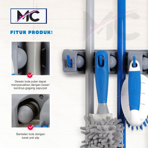 Gantungan Sapu Tempel dan Pel Di Tembok Dinding Broom Holder Mop Hold PVC 5 Slot Praktis Kuat Mudah Aksesoris Peralatan Dapur