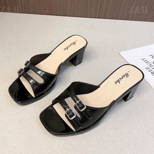 Z&R Store Elegant Square Toe Adjustable Two Strap 7cm Heels With Glossy Rubber Design For Womens Footwear