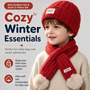 RUO R Soft Kids Beanie Scarf Set Thickened Elastic Toddler Winter Knit Cap Boys Girls Woolen Bonnet Flexible Children Thick Thermal Suit Skiing