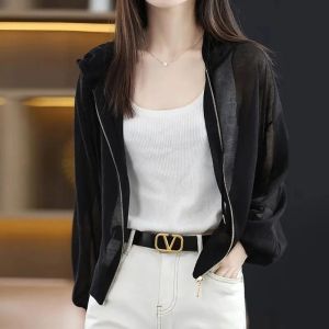 Women Ice Silk Hooded Zipper Sunscreen Coat Summer Loose Air Conditioning Long Sleeve Knitted Jacket Top Cardigan