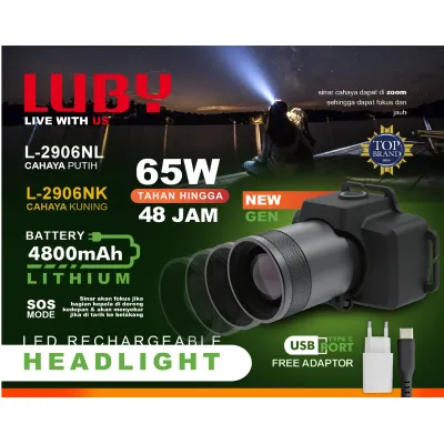 Senter Kepala Luby 65 Watt 35 Watt Baterai Cas L 2906 NL & NK L 2907NL Water Proof Headlamp Cahaya Putih Head lamp