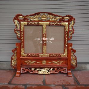 Khung ảnh thờ tứ linh song long rát vàng gỗ hương 21x31