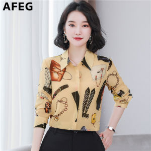 AFEG new Korean version fashion loose all-match temperament chiffon print long-sleeved blouse for women