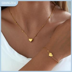 【SHANGZE4】 Thép không gỉ màu vàng trái tim tình yêu Chuỗi vòng cổ vòng tay Bông tai cho phụ nữ cô gái thời trang mới không phai Bộ đồ trang sức