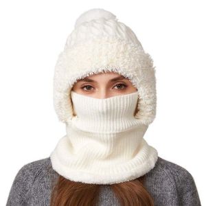 GENENIC Plush Winter Cap Set Solid Color Windproof 2in1 Scarf Hat Casual Thicken Warm Balaclavas Hat Female Male
