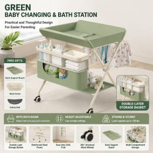 【SG】Foldable Baby Diaper Changing Station With Wheels 5-Level Height Adjustable Diaper Station with Storage Baskets