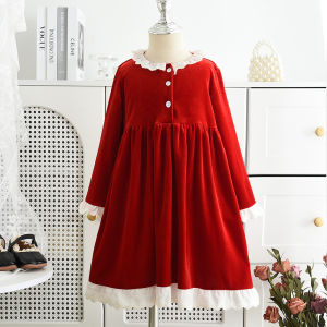 Gấu Lãnh Đạo 3 4 5 6 7 năm Cô gái của váy GIÁNG SINH bé pleuche Đỏ Đầm năm mới dài tay mùa thu ren ve áo trẻ em quần áo thời trang chắp vá trẻ em của sinh nhật quần áo 3-7 năm trang phục