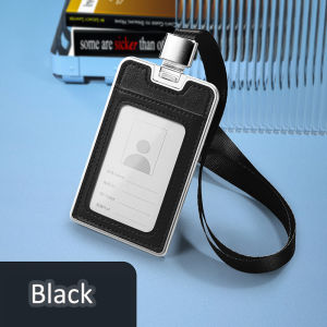 Aluminium Alloy Vertical ID Card Holder with Lanyard Genuine Leather Staff Name Tag Badge Holders Business Office Supplies