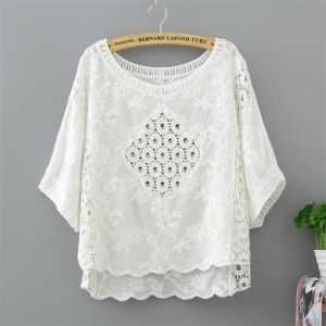MODERNLUX Floral Embroidery Crochet Cover Up White Openwork Knit Knit Cover Up Top Loose Fit Embroidered Tunic Blouse Women