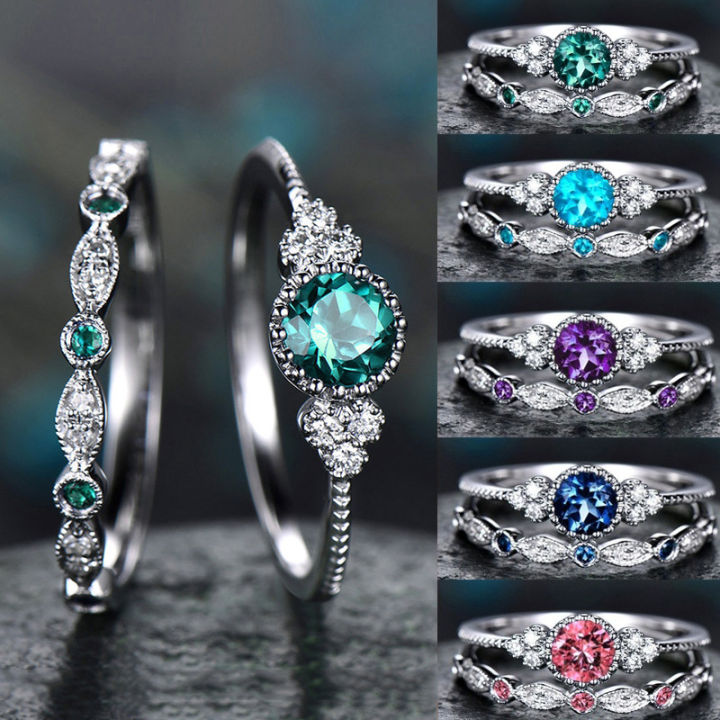 High-end 2pcs Sparkling Natural Gemstone Ring Set Women Emerald