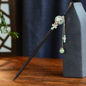 Her Lab Jewelry | Antique hairpins with tassels ebony wood hairpins Hotan jade vintage women’s wooden hairpins multiple choices of pearl flower hairpins updo cheongsam Hanfu accessories