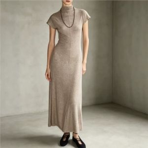 Summer Casual Elegant Long Dress Half High Collar Short Sleeve Color Drape Waist Cinched Dress Women Slim Simple Maxi Dress