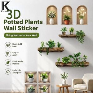 Keranixy 3D Wall Sticker Potted Plants Green Leaf Waterproof PVC Decor Wall Hole Repair Cover for Home