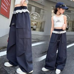 【Special Discount】Cargo Pants For Kids Girls 6-15yrs Cotton Baggy Pants Loose Wide Leg Pants Korea Sweat Pants Lace Decorate Multi-pocket Street Causal Style