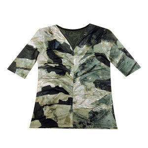 REHIN Women‘s top Summer new fashion printed V-neck pleated mesh rhinestone short-sleevedshirt floral eleganr blouse
