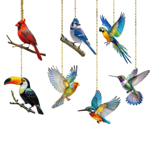 Artistic Flat Acrylic Window Hanging Decors Colorful Birds Snowman Pendants Windchimes For Porch Garden Car Interior