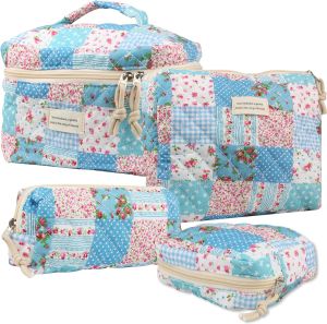 VIWIME Makeup Cosmetic Bag Large Cotton Quilted Travel Coquette Aesthetic Cute Floral Make up Bag for Women Toiletry Bag Organizer (031 - Blue Flower/Big)