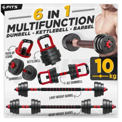 SFIDN FITS 6 in 1 Adjustable 10kg Dumbell Barbel Dumbbell Barbell Set