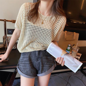 Draylen Korean Hollow for Women Short Sleeve Knitted Shirt Loose Round Neck Ice Silk Unique Mesh Blouse Croptops