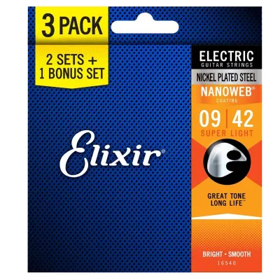 Elixir Electric Guitar Strings 16540/16542 with NANOWEB Coating 3 Pack Super Light/Light