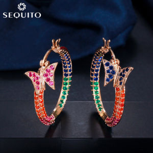 SEQUITO Vintage Unique Full Micro Colorful CZ Pave Butterfly Charm Loop Hoop Earrings for Women Statement Round Circle Jewelry SE323