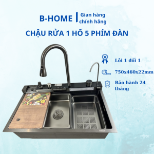 Chậu Rửa Bát 1 Hố 5 PHÍM Nano Inox 304 Có Vòi Rút Thác Nước