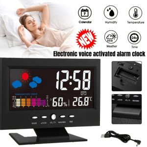 Voice Control Alarm Clock Color Screen Weather Forecast Temperature Humidity Night Light Digital Desktop Clock Black