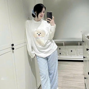 Set mặc nhà năng động pijama dễ thương set đồ nhà áo Tăm Lạnh tay dài in cún mix quần dài Đũi caro Ren kèm cột tóc