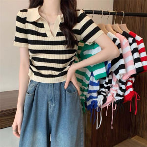 Áo Len Nữ Ngắn Tay Phối Dây Rút Sườn Họa Tiết Kẻ Ngang Bắt Mắt - LCXA165