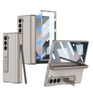 Magnetic Hinge Z Fold 6 Leather Case Standing Cover Hidden Pen Holder Samsung Galaxy Z Fold6 Casing 360° All-Round Protection Anti-Drop Durable Hard PC Case with Tempered Glass