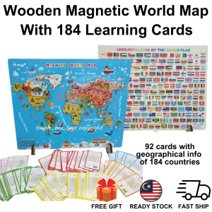 Wooden Magnetic World Map with 184 Geographical Information Card Countries Flag Educational Kids