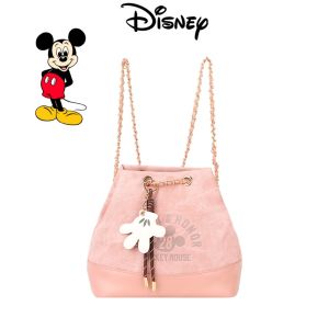 Disney Official Mickey Mouse Backpack Pink PU Leather Casual Bucket Shoulder Bag with Cute Glove Charm