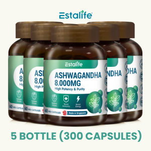 Estalife Ashwagandha 8000mg - High Potency Extract for Stress Relief Improved Sleep Energy & Mood Balance - Cortisol Support (60 Capsules)